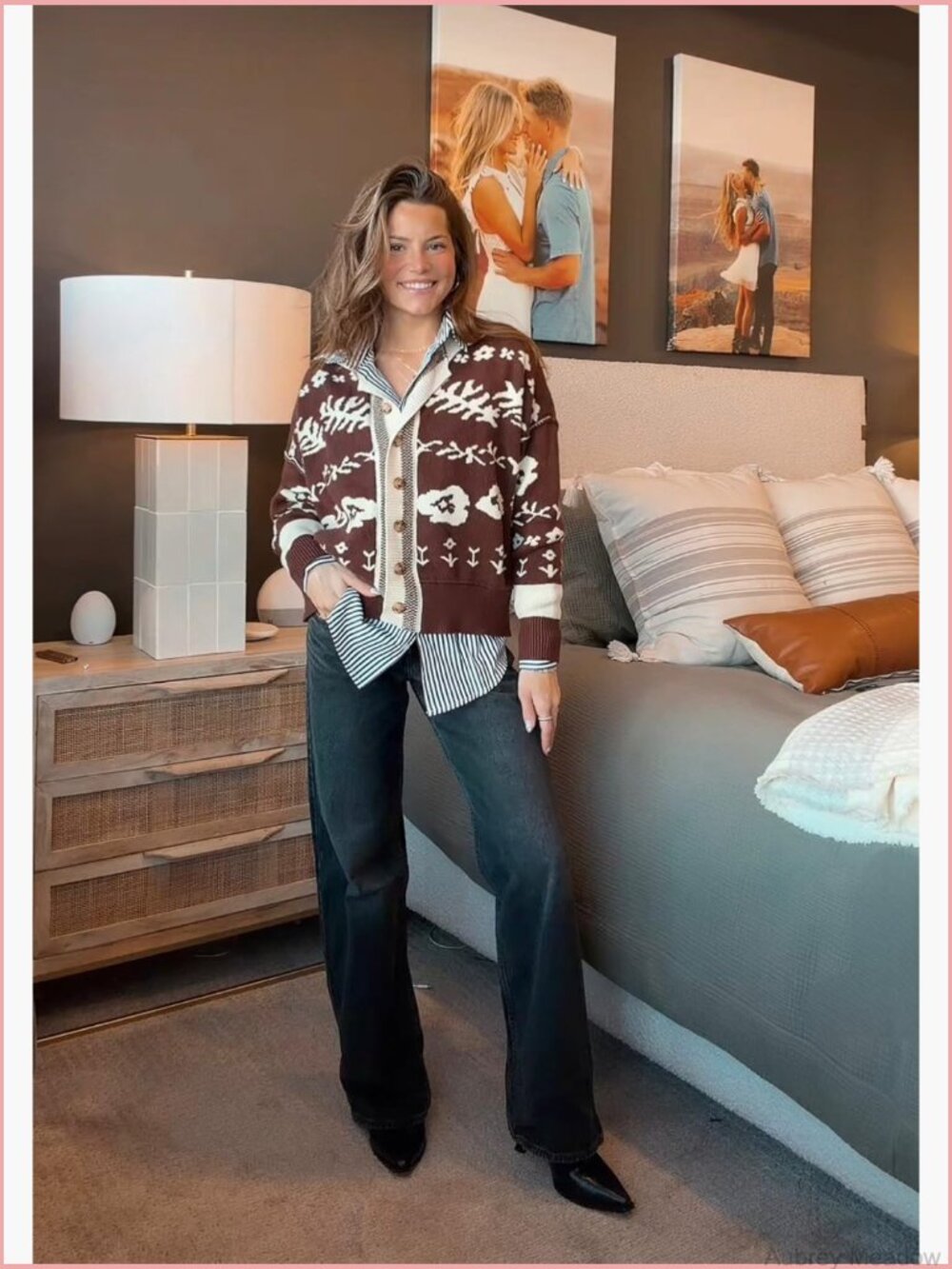 Floral Print Button Down Cardigan Sweater Long Sleeve V Neck Crop Top - Picture 5 of 7